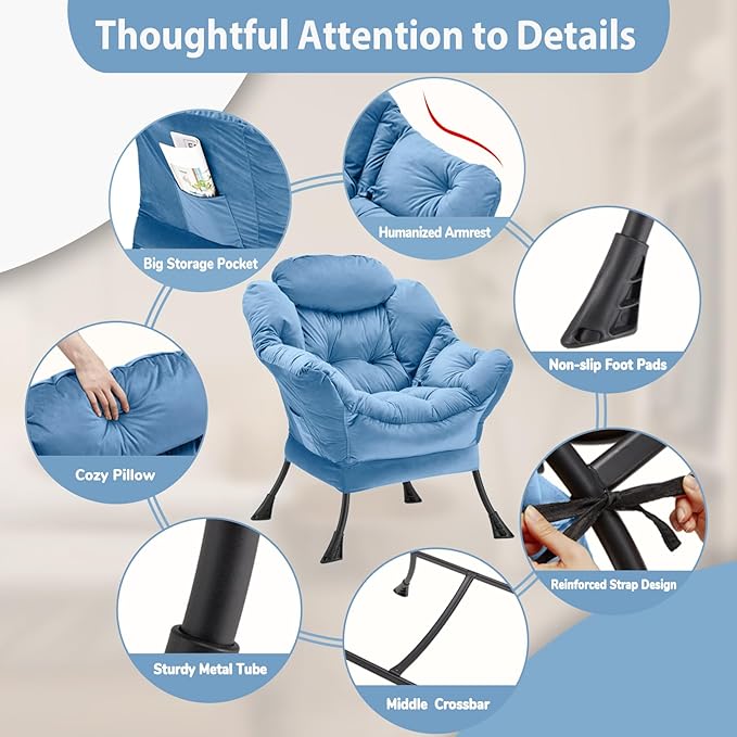 Lazy Chair Thick Padded, Comfy Velvet Accent Lounge Chair with Stable Frame, Leisure Sofa Armchair with Armrests and Side Pocket, Reading Chair for Bedroom, Living Room, Office, Light Blue