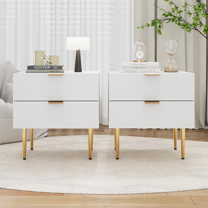 Set of 2 Nightstand, White Mid Century Modern Night Stand with Fluted Panel, Bedside Table with 2 Drawer, Large NightStand with Gold Leg for Bedroom