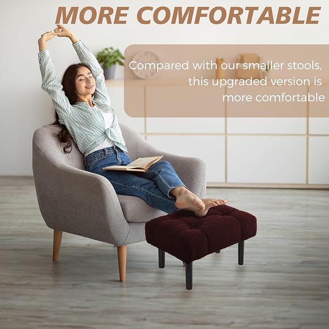 HOUCHICS Fur Padded Foot Stool, Small Ottoman Foot Rest with Wooden Legs,Modern Rectangle Chair Foot Rest Foot Step Stool for Living Room, Couch, Desk（Wine Red