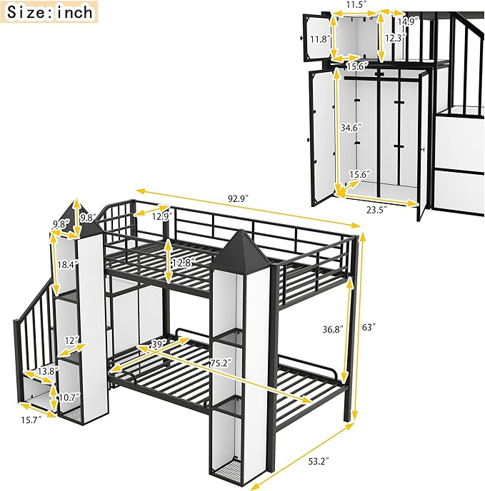 Twin Over Twin Castle-Shaped Bunk Bed with Wardrobe,Open Storage cabinets,a Storage Staircase and guardrails,Metal Stairway BunkBed for Kids Boys/Girls/Teens,Black+White