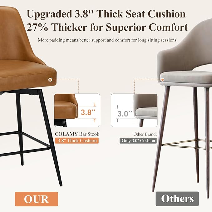 COLAMY Bar Stools Set of 4, 26.18" Counter Height Swivel Stools with Thick Padded Seat, Adjustable Footrest & 360° Rotation, Premium PU Leather Upholstery for Kitchen Island/Home Bar/Cafe, Brown
