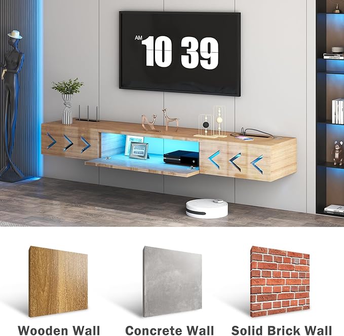 Floating TV Stand, 71" Floating Entertainment Center Wall Mounted,Floating Wall Mounted TV Shelf with Led Lights and Power Outlet,Modern High Gloss tv Cabinet Media Console with Storage
