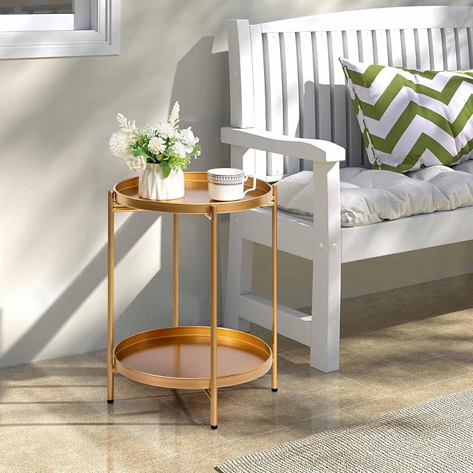 HollyHOME 2-Tier Round Gold Side Table, Outdoor Small Folding Accent Stand with Removable Tray, Anti-Rust Metal Asional Table for Balcony Patio Living Room, Nightstand for Bedroom(Gold)