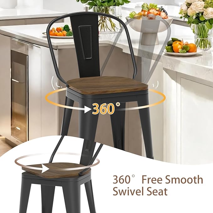 26” Swivel Bar Stools Set of 4, Counter Height Bar Stools Wooden Seat, Metal Industrial Bar Chairs with High Back for Kitchen Island (Black)