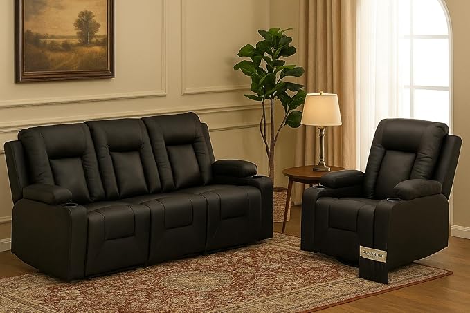 LUCKLIFE Leather Recliner Sofa Set with Manual Recliners,Living Room Furniture Set with Reclining Couch,Loveseat and Armchair,Living Room Chair with Cup Holders,Black (3+1)
