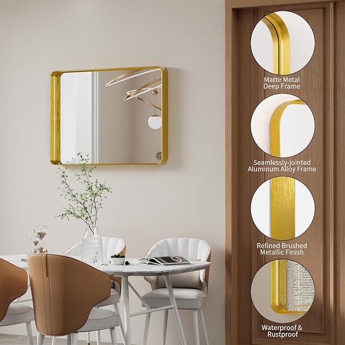 Koonmi Gold Bathroom Mirror for Wall, 22x30 Inch Matte Metal Deep Framed Rounded Corner Wall Mirror, Shatterproof Tempered Glass for Farmhouse Bedroom Entryway, Vertically or Horizontally