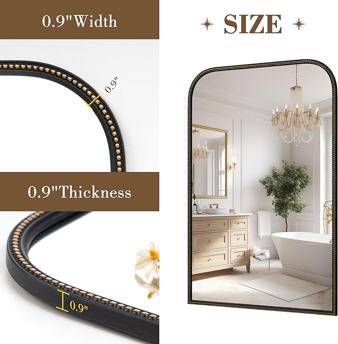 Axeman 32x48 Rounded Rectangular Wall Mirror, Decorative Bathroom Mirror, Traditional Vintage Wall Mounted Mirror with Beaded Frame for Accent Living Room Vanity Bedroom Entryway, Black