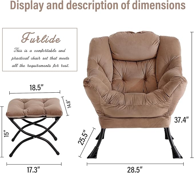 Lazy Chair with Ottoman, Modern Chair with Folding Footrest, Lounge Accent Chair, Comfortable Reading Chair, Oversized Armchairs for Bedroom, Study, Living Room, Courtyard (Khaki)