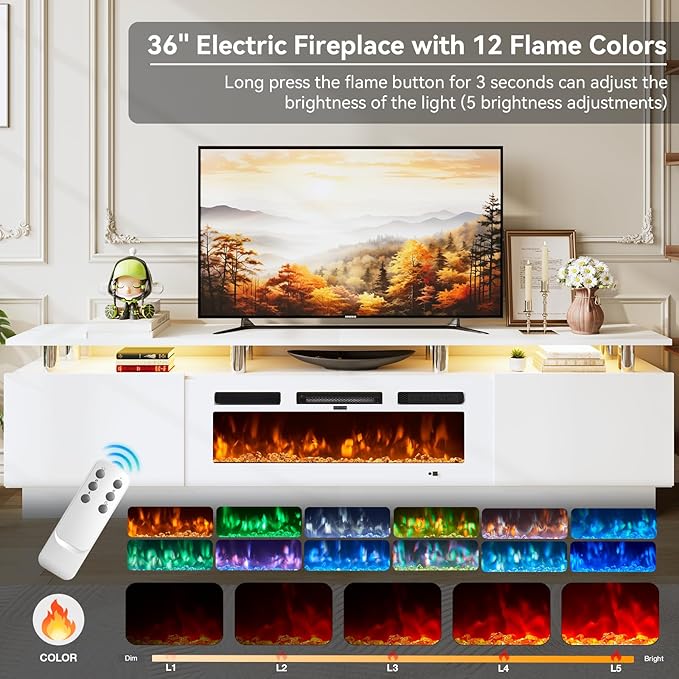 80" Entertainment Center & TV Stand, Modern Media Console with Storage Cabinet, Fits TVs up to 90", Living Room Furniture, 36" Electric Fireplace (All White)