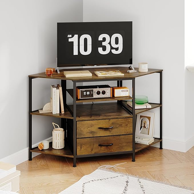 Corner TV Stand for 55 Inch TV, Farmhouse Entertainment Center with 2 Drawers Storage, Corner TV Console with Power Outlet, Retro Brown Media Console for Living Room, Brown
