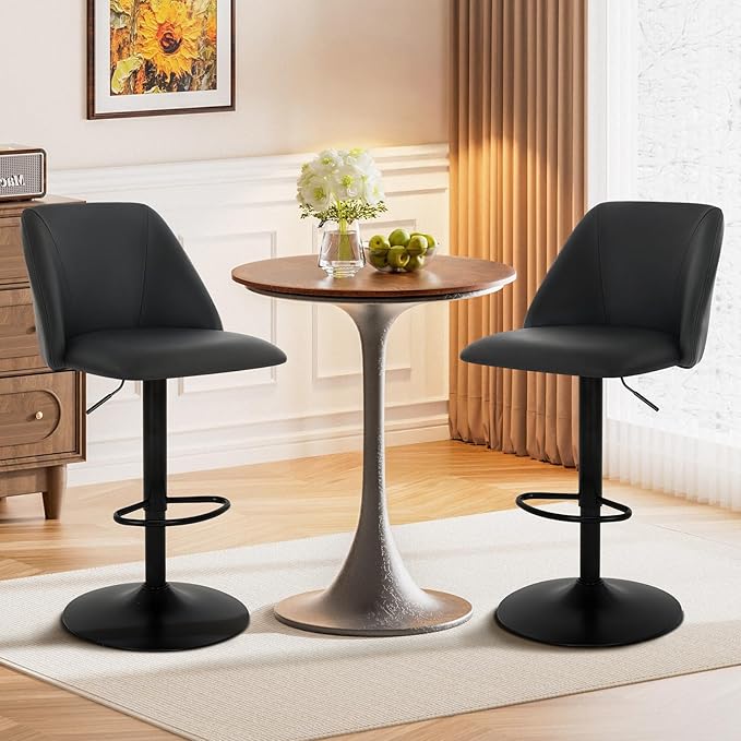 COLAMY Bar Stools Set of 3, Modern Swivel Bar Chairs, Adjustable PU Leather Upholstered Barstools Counter Height with Full Backrest for Bar, Dining Room, Kitchen Island, Black