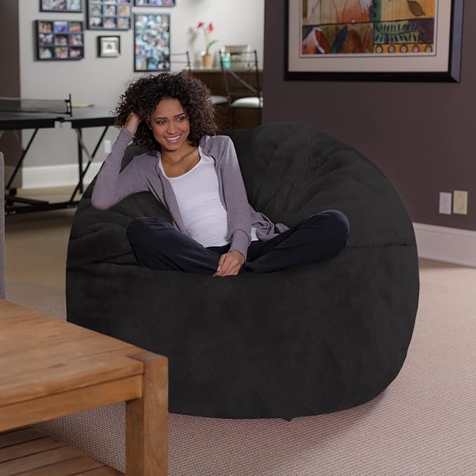 Sofa Sack Bean Bag Chair - Plush, Ultra Soft - Memory Foam Bean Bag Chair with Faux Rabbit Fur Cover - Stuffed Foam Filled Furniture and Accessories for Dorm Room 5 Feet - Black