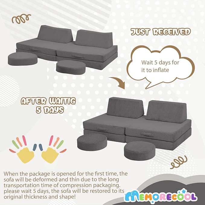 MeMoreCool Kids Couch for Playroom, Corduroy Convertible Toddler Couch, 8 Piece Modular Play Sofa, Foam Fort Building Set for Child Room Furniture, Dark Grey