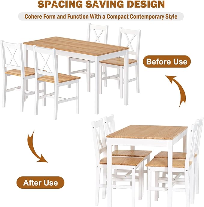 soges 5 Pieces Dining Table Set, Pine Wood Kitchen Table with 4 Chairs, 47.2 inch Kitchen Table Set for 4, Rectangular Dining Table Furniture Set for Kitchen, Dining Room, Dinette, White & Oak