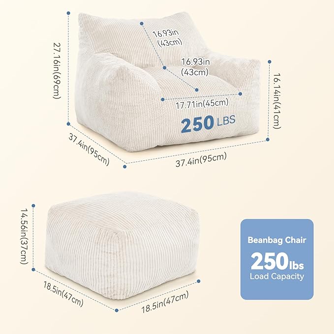 INMOZATA Bean Bag Chair for Adults, 3FT Beanbag Chair with Ottoman Pre-Filled Fluffy Lazy Chair Corded Fabric Accent Chair for Bedroom Living Room Dorm (Ivory)