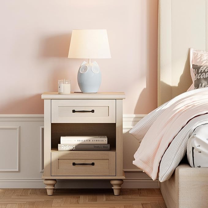 WAMPAT Beige Side Table with Charging Station, Elegant Nightstand for Bedroom with 2 Drawers & Open Shelf, Wooden End Table Bedside Table for Living Room, Kids Room
