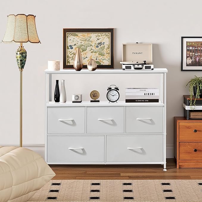 TV Stand, 5 Fabric Drawers Dresser Entertainment Center for TV up to 45 inch Wooden Media Console Table Storage Organizer with Open Shelf, for Living Room, Bedroom, or Small Space, White