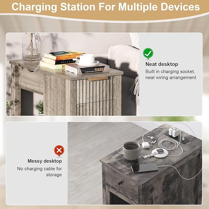 End Table with Charging Station 24'' Nightstand with Charging Station Vintage Side Table with Storage Wooden Sofa Side Table and Outlets Bedside Table for Living Room Office Bedroom (Grey)
