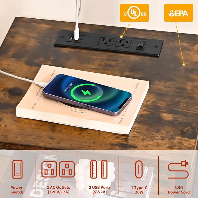 Nightstand Set of 2 with Charging Station and USB Ports, End Table Set of 2 with Outlets, Bedside Table End Tables with Drawer, Small Night Stand for Bedroom, Side Table, Living Room, Brown