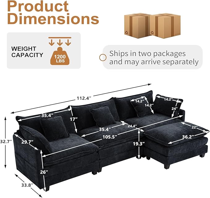 Furniliving 112‘’ L-Shaped Sofa, Luxury Chenille Modular Sectional Couches with Ottoman, Upholstered Deep Seat Sleeper Sofa with Memory Foam and Waist Pillows, Black
