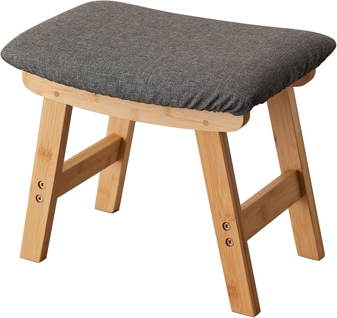 Foot Stool,Ottoman,Bamboo Small Sofa Foot Rest Under Desk,Extra Seating for Living Room, Bedroom and Kitchen (Natural Stool Legs - Gray Surface)