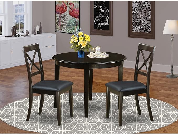 East West Furniture BOST3-CAP-LC 3 Piece Modern Dining Table Set Contains a Round Kitchen Table and 2 Faux Leather Dining Room Chairs, 42x42 Inch, Cappuccino