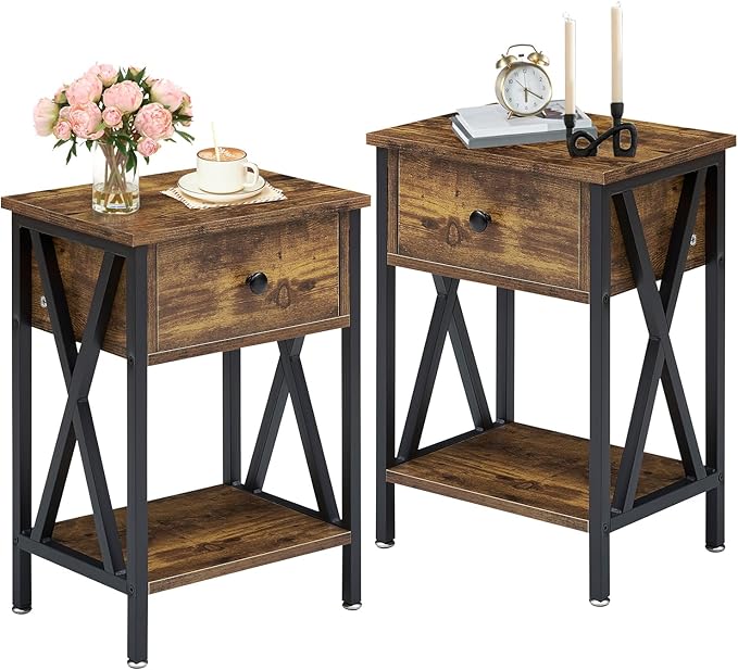 VECELO Nightstands Set of 2, Modern Bedside End Tables, Night Stands with Drawer and Storage Shelf for Living Room Bedroom, Industrial Metal Frame