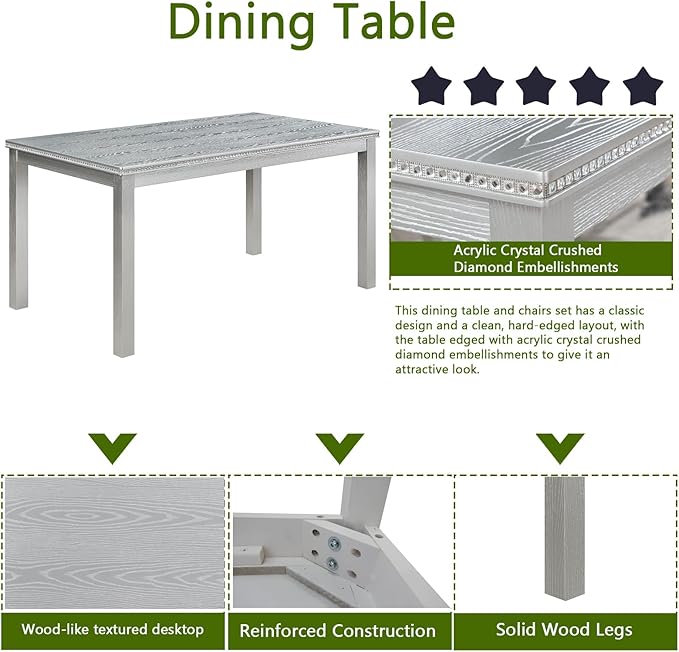 soges 6 Piece Wooden Dining Table Set, Dining Room Table with 4 Upholstered Chairs and Bench, Rectangular 6-Person Kitchen Dining Table Set with Crystal Decoration, Silver Grey