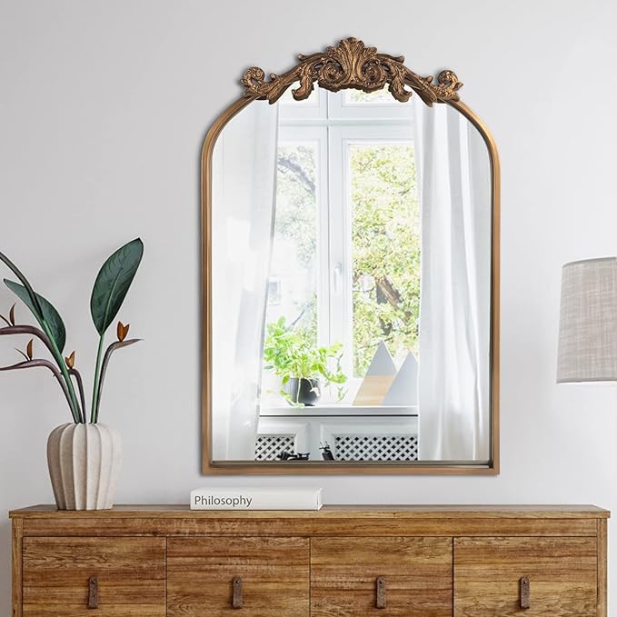 Wall Mirror Window Decorative Traditional Vintage Ornate Baroque Mirrors Antique Arched Farmhouse for Living Room Bedroom Entryway Bathroom Vanity (27 * 19 * 1.2, Gold)