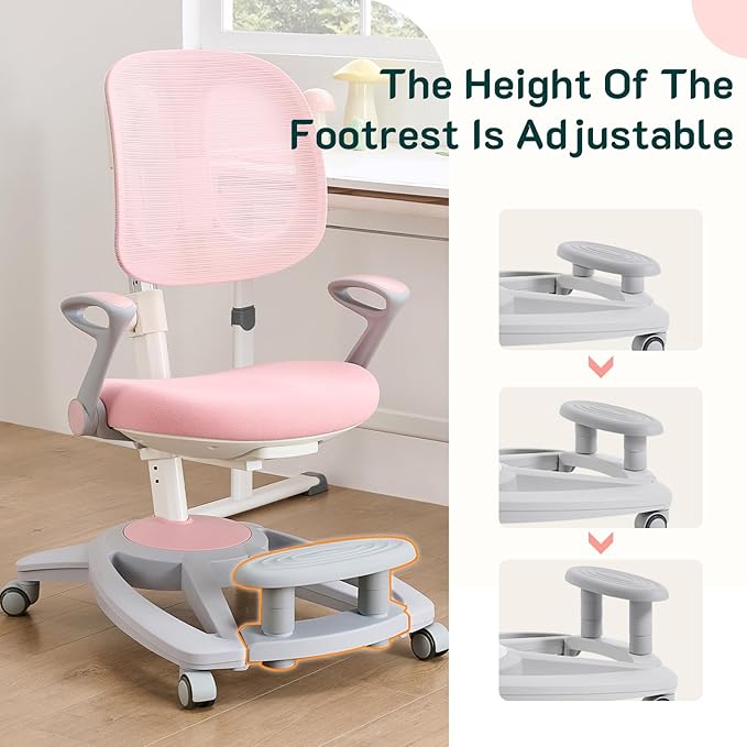 Ergonomic Kids Desk Chair with Footrest & Height-Adjustable Seat, Multifunctional for Study, Work & Dining – Comfy Cushion & Smooth Wheels for Boys & Girls （Pink）