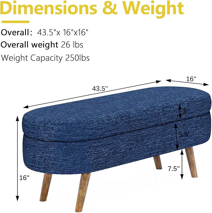 NicBex Ottoman Bench with Storage for Bedroom, 43.5" Upholstered End of Bed Bench with Rubber Wood Legs, Linen Storage Bench for Living Room or Entryway,
