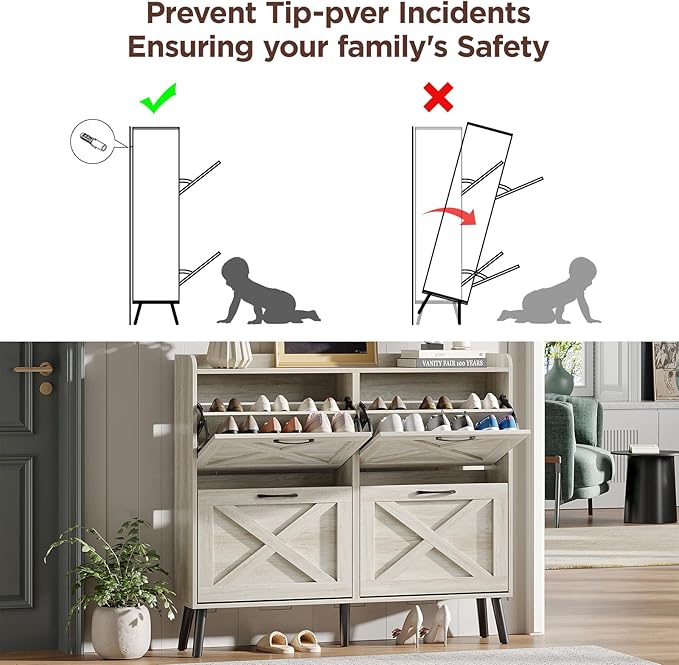 Maupvit Large Shoe Storage Cabinet with 4 Flip Drawers, Narrow Shoe Cabinet for Entryway with Wooden Legs, Freestanding Hidden Shoe Rack Organizer ＆ Metal Hinges, Beige