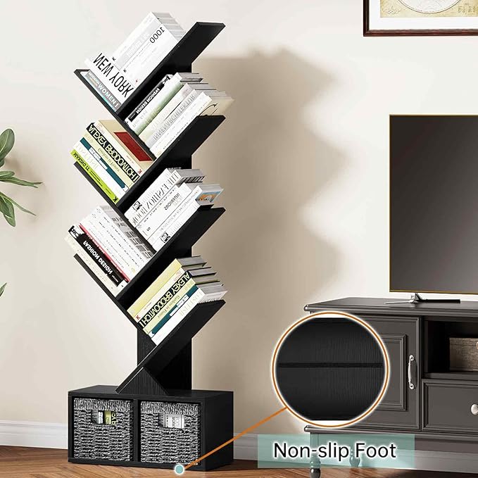 Vagusicc Tree Bookshelf, 6 Tier Bookshelf with Storage, Tall Narrow Bookcase, Rustic Wood Book Storage Rack for CDs/Books, Small Book Organizer Shelves for Bedroom, Living Room, Home Office, Black