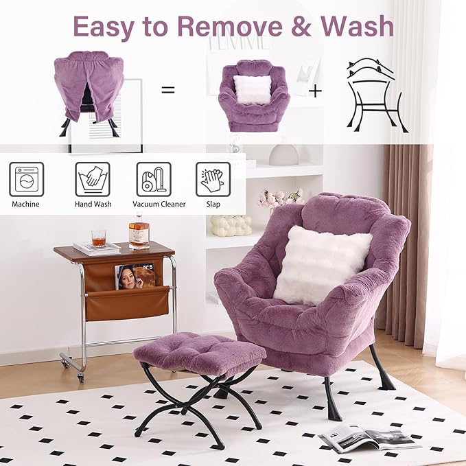 Lazy Chair with Ottoman, Modern Large Accent Lounge Chair with a Pillow, Leisure Sofa Armchair with Ottoman, Reading Chair with Footrest for Bedroom, Living Room, Dorm Rooms,Plush Purple