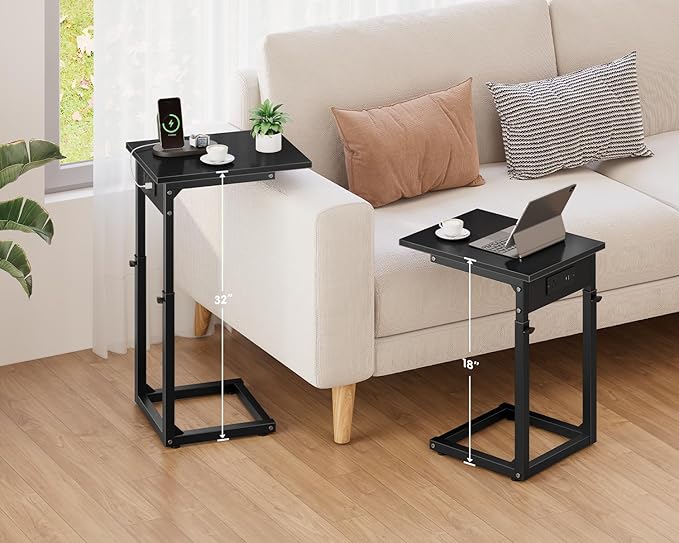 Vagusicc C Shaped End Table with Charging Station, 33" Tall Side Table for Couch, C Table Adjustable Height Small Couch Side Tables, Slide Under Sofa Table TV Tray Tables for Living Room,Bedroom,Black