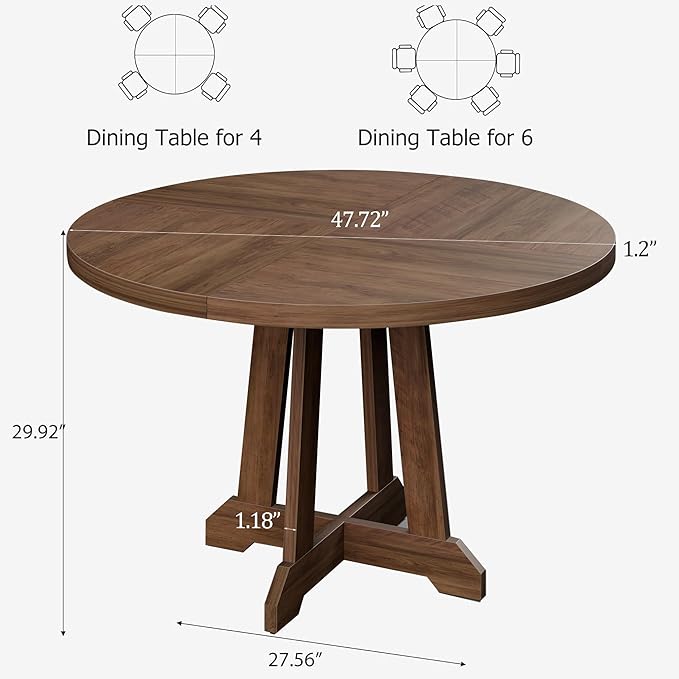 Round Dining Table for 4, 47 Inch Wooden Circle Dinner Table with Sturty Legs, 4 Parts of Tabletop, Round Pedestal Kitchen Tables for Dining Room, Kitchen, Living Room, Brown