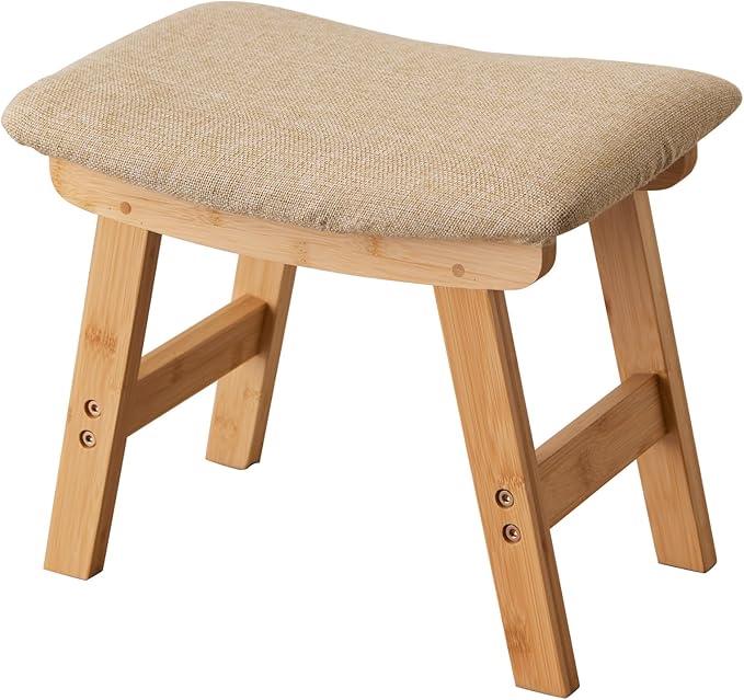 Foot Stool,Ottoman,Bamboo Small Sofa Foot Rest Under Desk,Extra Seating for Living Room, Bedroom and Kitchen (Natural Stool Legs - Beige Surface)