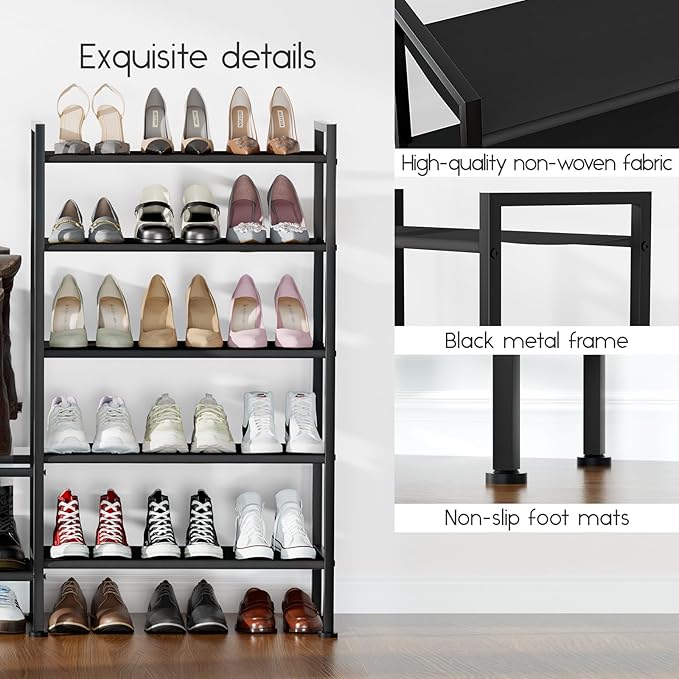 Shoe Rack Organizer and Storage - 5 Tier Metal+Non-woven Fabric Shoe Rack with Boot Storage & Side Any Combination - Space Saving Shoe Shelf for Entryway, Bedroom, Garage, Small Spaces