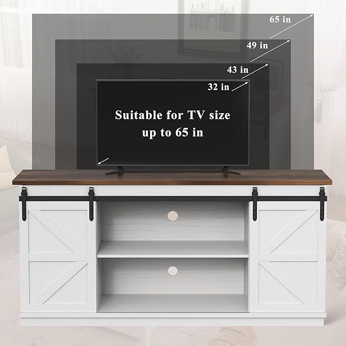 YESHOMY Farmhouse TV Stand for Televisions up to 65 Inches, Sliding Barn Doors and Storage Cabinets, Console Table and Media Furniture for Living Room, 58 Inch, Milk White