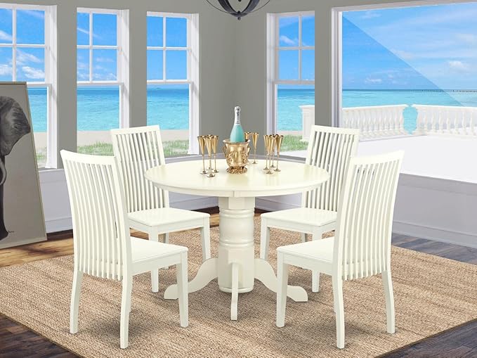 East West Furniture SHIP5-LWH-W 5 Piece Dining Room Table Set Includes a Round Wooden Table with Pedestal and 4 Kitchen Dining Chairs, 42x42 Inch, Linen White