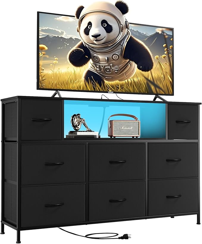 Somdot TV Stand for Bedroom, Dresser for Bedroom for 55 inch TV with Charging Station and LED Lights, Media Console Table with 8 Drawers, Open Shelf, Adjustable Feet,Living Room Furniture,Black