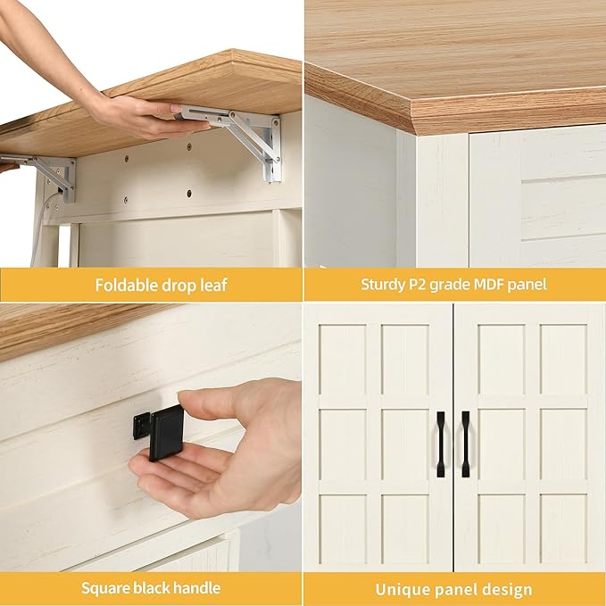 DWVO Rolling Kitchen Island with Drop Leaf, Mobile Storage Islands with Power Outlet Foldable Tabletop, 2 Drawers and Open Shelves, for Living Room, Dining Room, Off White