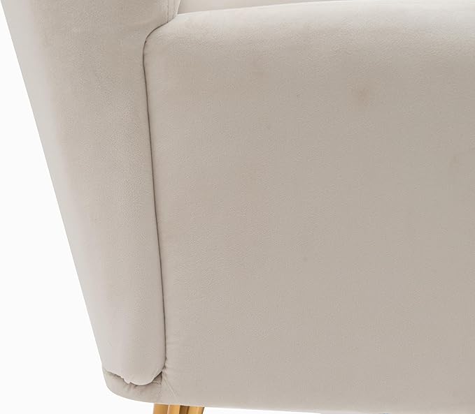 Container Furniture Direct Modern Chic Mid-Century Velvet Accent Armchair for Living Room, Bedroom, or Home Office, Button-Tufted Wingback Design with Gold Flared Legs, Ivory