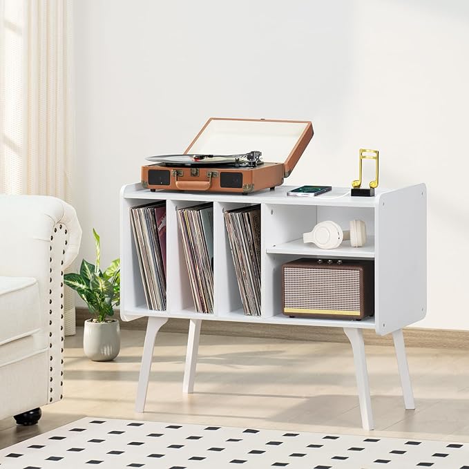 Lerliuo Record Player Stand with 4 Cabinet Holds Up to 220 Albums, Large Turntable Stand with Beech Wood Legs, Mid-Century Record Player Table,White Vinyl Holder Storage Shelf for Bedroom Living Room