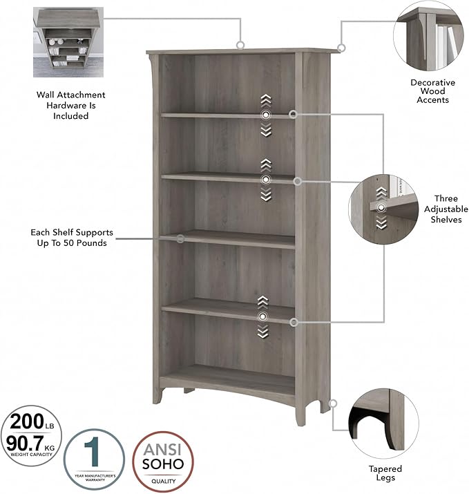 Bush Furniture Salinas 5 Shelf Bookcase in Driftwood Gray, Tall Bookshelf, Large Book Shelf for Living Room, Home Office, or Entryway