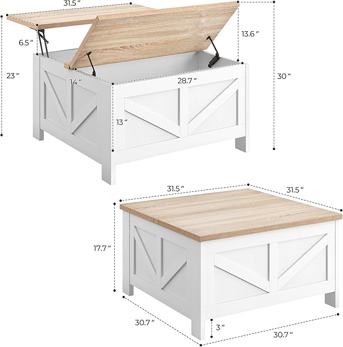 Yaheetech Farmhouse Lift Top Coffee Table with Storage, Square Coffee Table for Living Room, 31.5 Inches Center Tables with Large Hidden Storage Compartment for Home Office, White & Light Oak