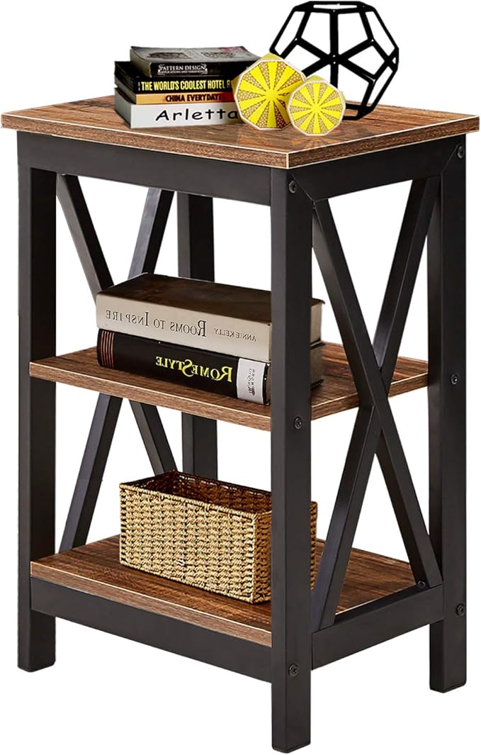 VECELO Modern Night Stand/Sofa Side/End Storage Shelf X-Design Versatile Nightstands Lamp Table Living Room Bedroom Furniture,Easy Assembly, Brown