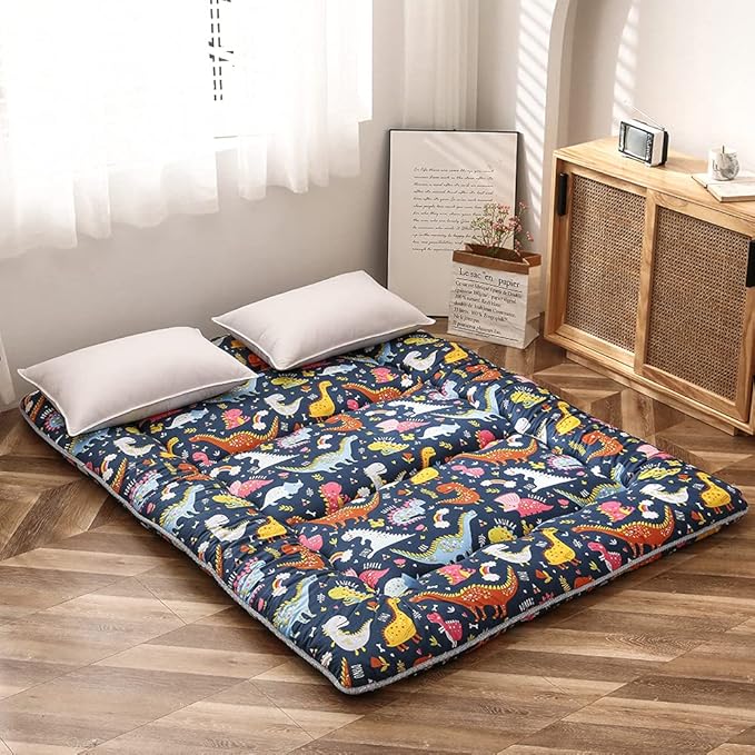 Dinosaur Japanese Floor Futon Mattress for Boys Girls, Thicken Tatami Mat Sleeping Pad Foldable Bed Roll Up Mattress Floor Lounger Bed Couches and Sofas for Kids Queen Size