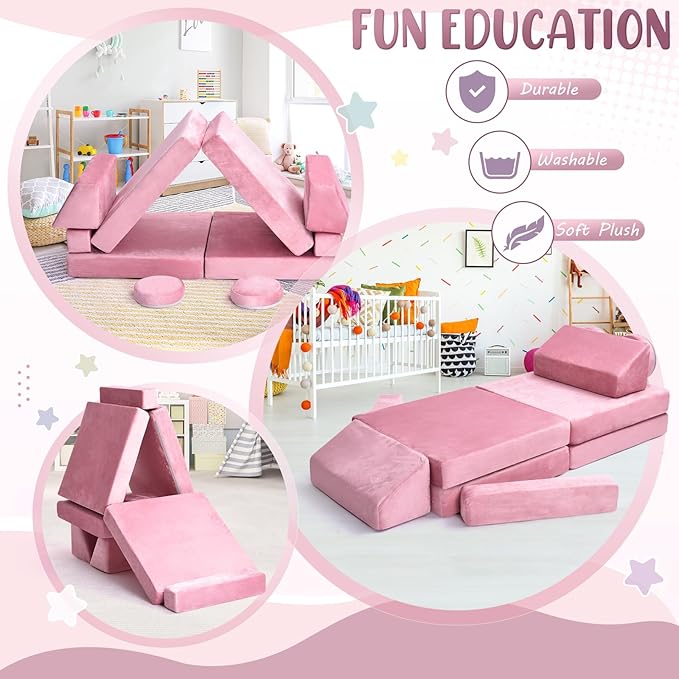 10Pcs Kids Play Couch,Toddler Sofa,Modular Kids Couch for Playing, Creativing, Sleeping (Pink)