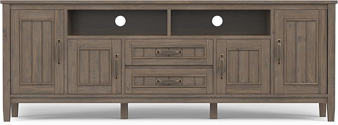 SIMPLIHOME Lev SOLID WOOD 72 Inch Wide Contemporary TV Media Stand in Smoky Brown for TVs up to 80 Inches, For the Living Room and Entertainment Center